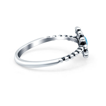 Flower Style Petite Dainty Round Ring Solid Oxidized Lab Created Blue Opal 925 Sterling Silver